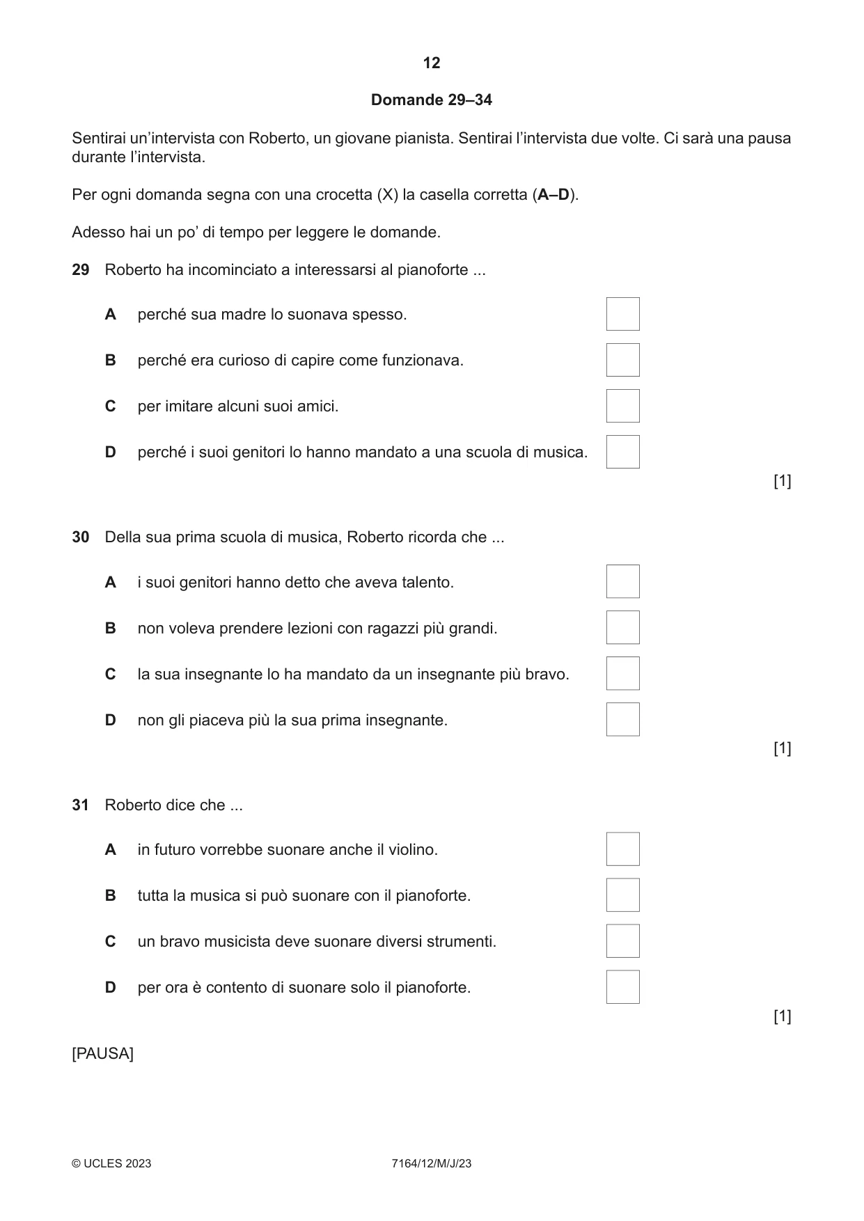 Cambridge IGCSE Italian (9-1) 7164 2023 May/June Paper 1 · Variant 2 question paper, page 12 of 16