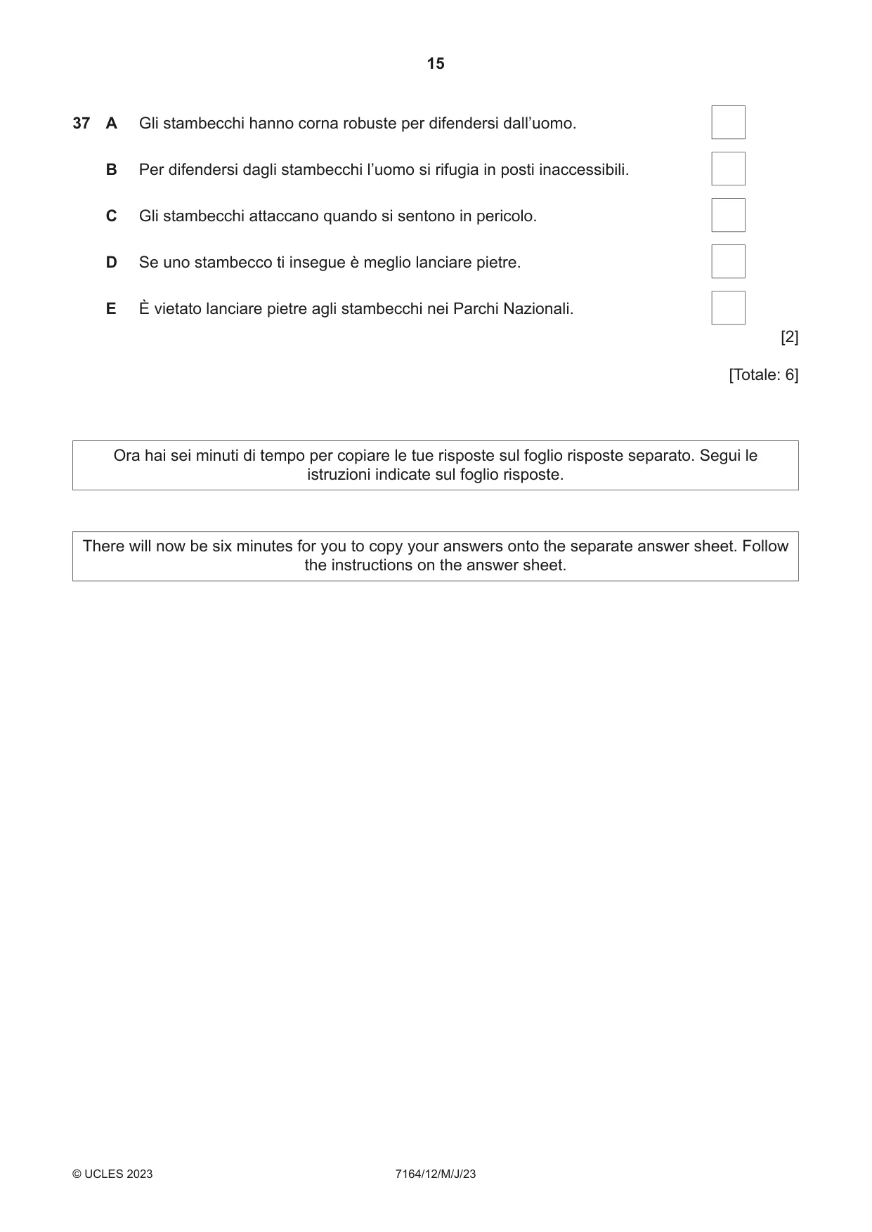 Cambridge IGCSE Italian (9-1) 7164 2023 May/June Paper 1 · Variant 2 question paper, page 15 of 16