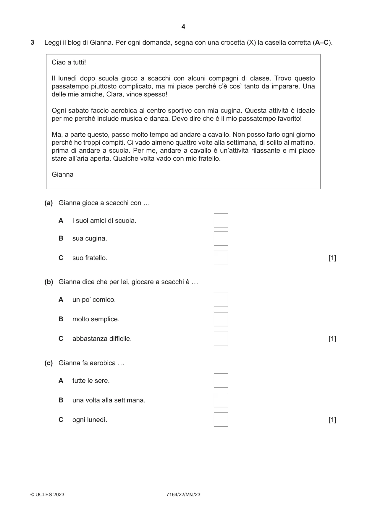Cambridge IGCSE Italian (9-1) 7164 2023 May/June Paper 2 · Variant 2 question paper, page 4 of 12