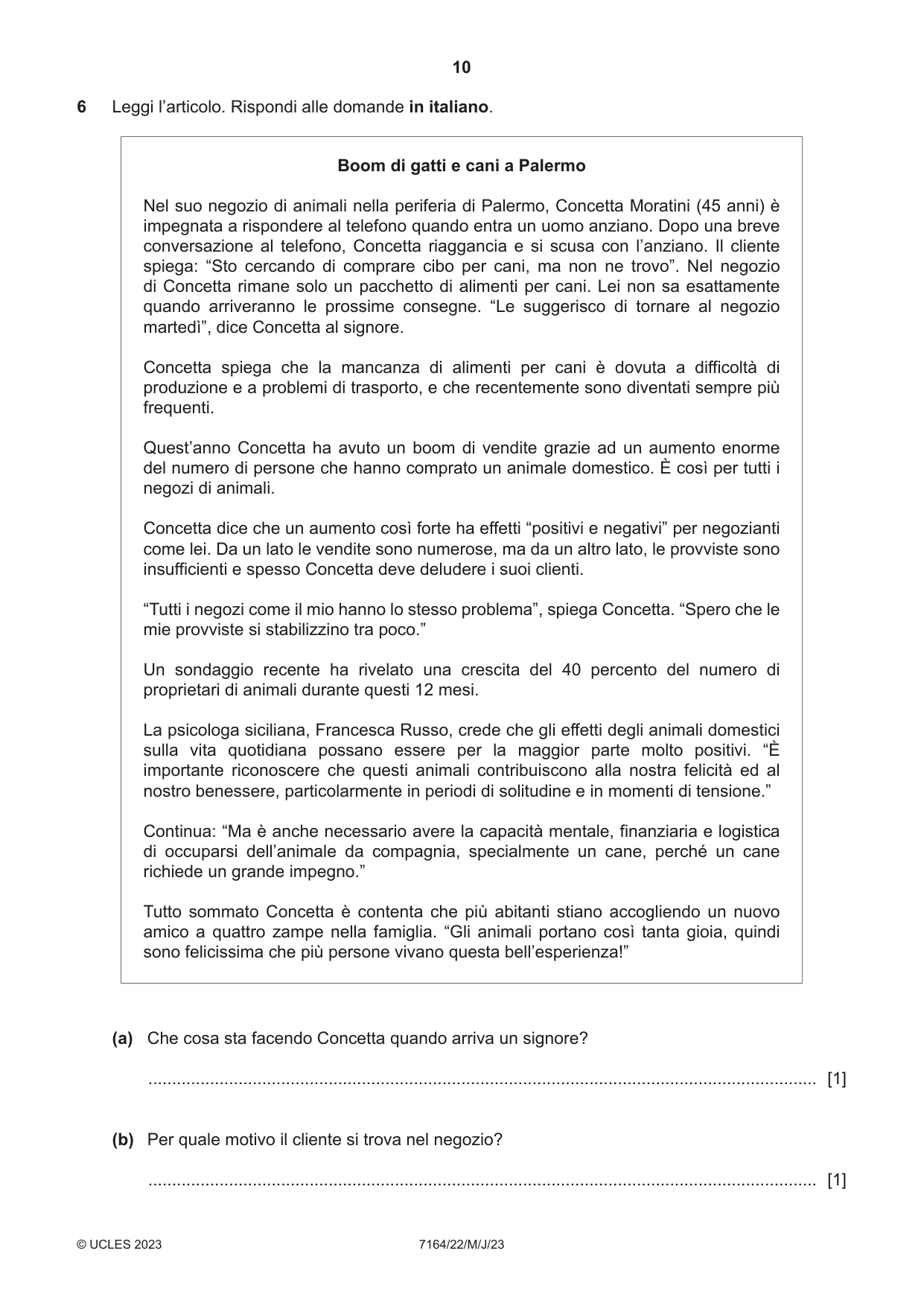 Cambridge IGCSE Italian (9-1) 7164 2023 May/June Paper 2 · Variant 2 question paper, page 10 of 12