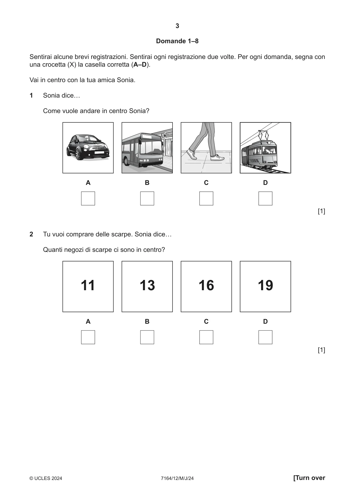 Cambridge IGCSE Italian (9-1) 7164 2024 May/June Paper 1 · Variant 2 question paper, page 3 of 16