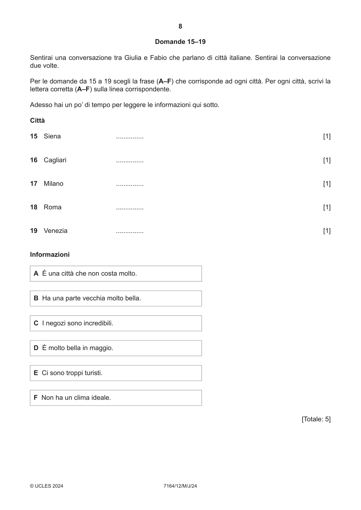 Cambridge IGCSE Italian (9-1) 7164 2024 May/June Paper 1 · Variant 2 question paper, page 8 of 16