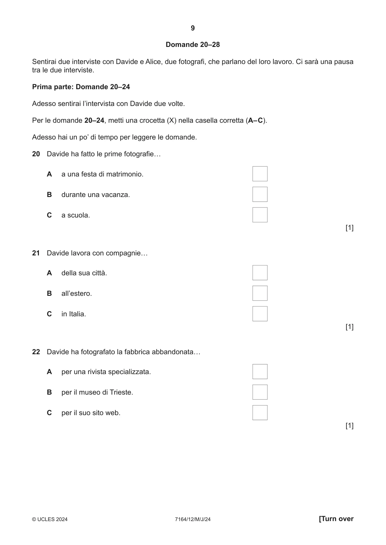 Cambridge IGCSE Italian (9-1) 7164 2024 May/June Paper 1 · Variant 2 question paper, page 9 of 16
