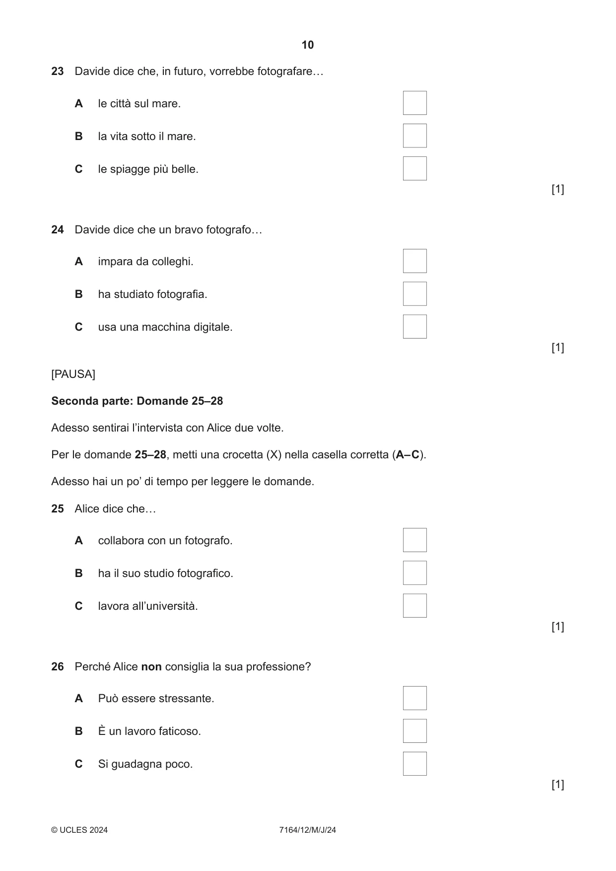 Cambridge IGCSE Italian (9-1) 7164 2024 May/June Paper 1 · Variant 2 question paper, page 10 of 16