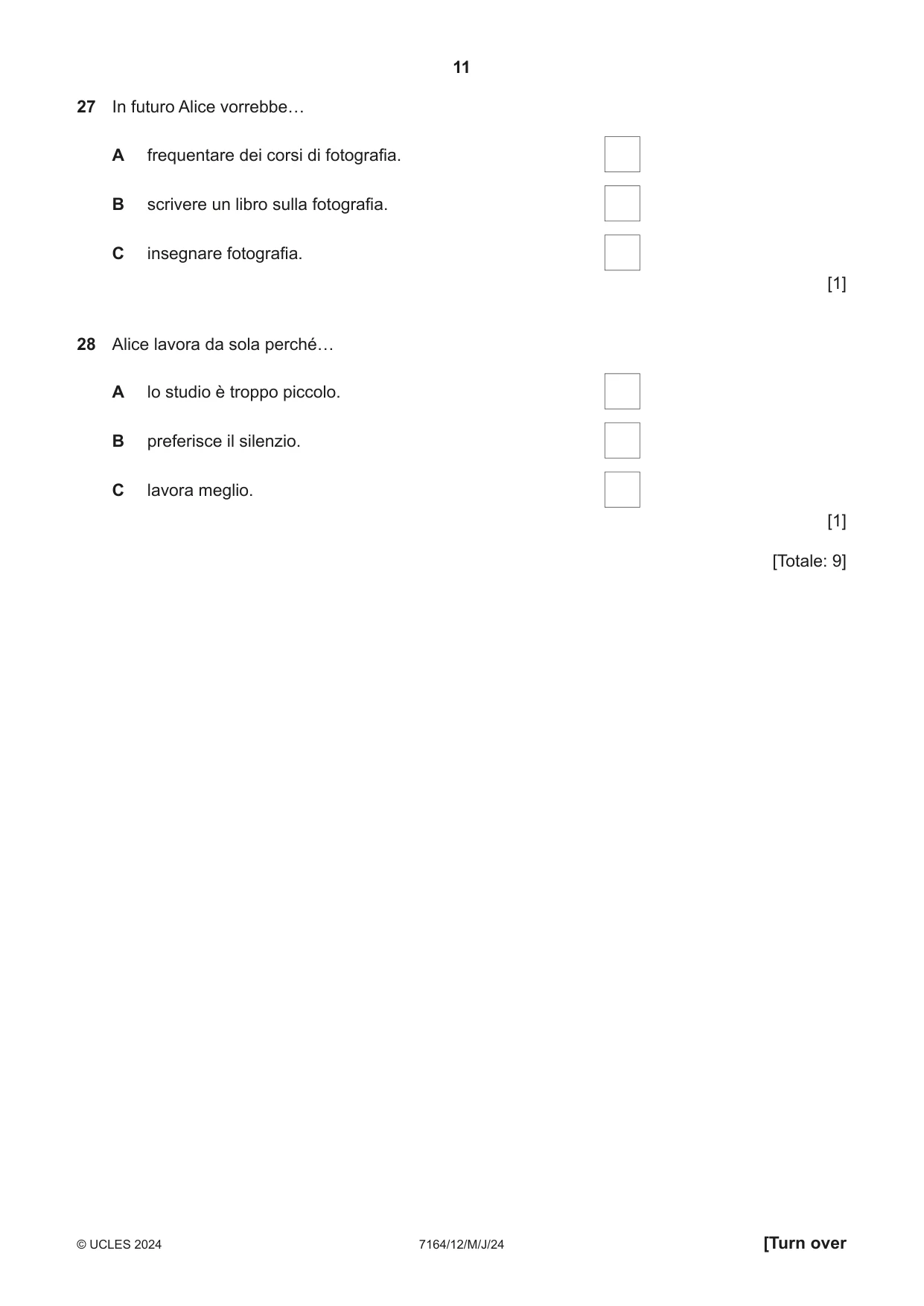 Cambridge IGCSE Italian (9-1) 7164 2024 May/June Paper 1 · Variant 2 question paper, page 11 of 16