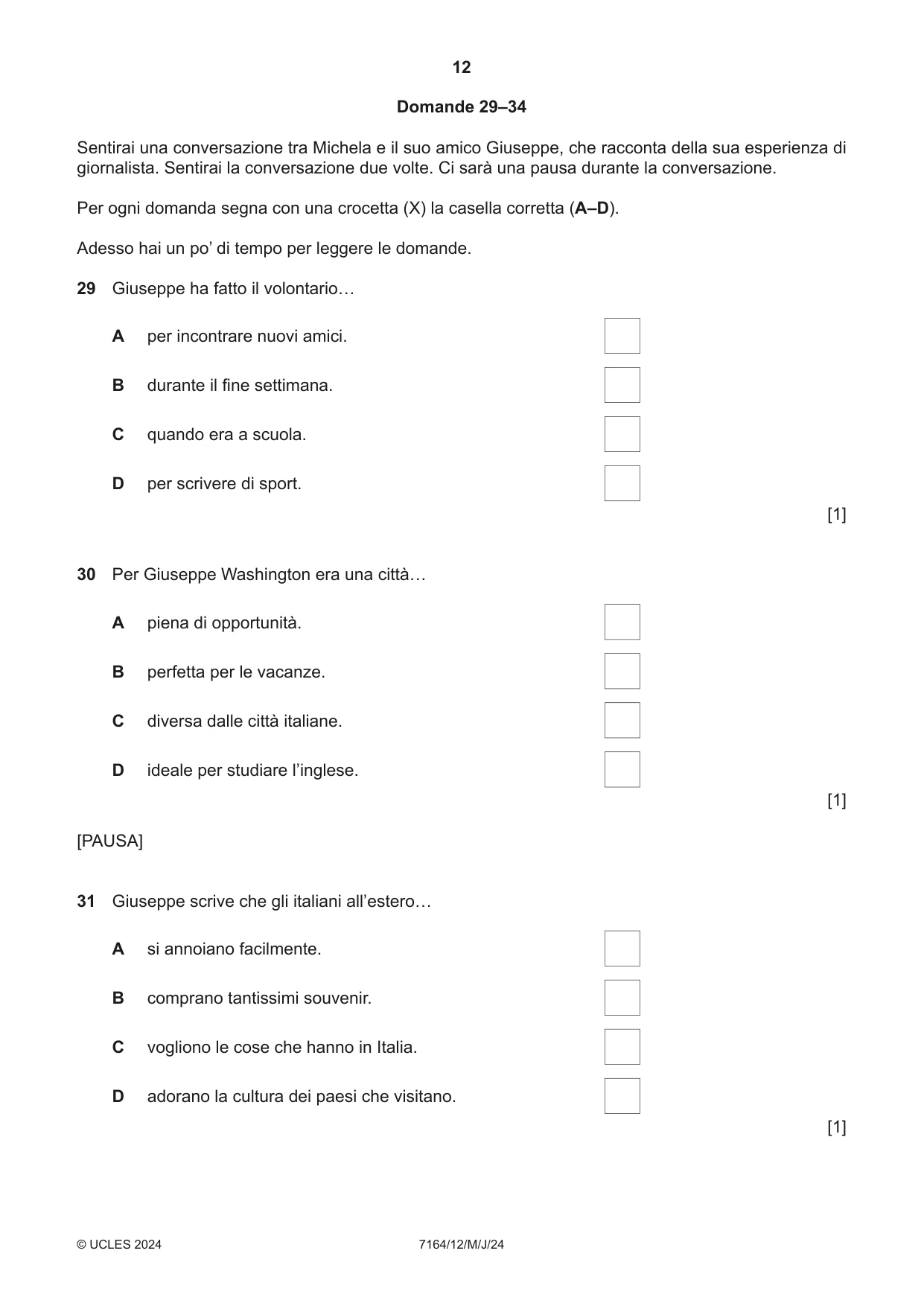 Cambridge IGCSE Italian (9-1) 7164 2024 May/June Paper 1 · Variant 2 question paper, page 12 of 16