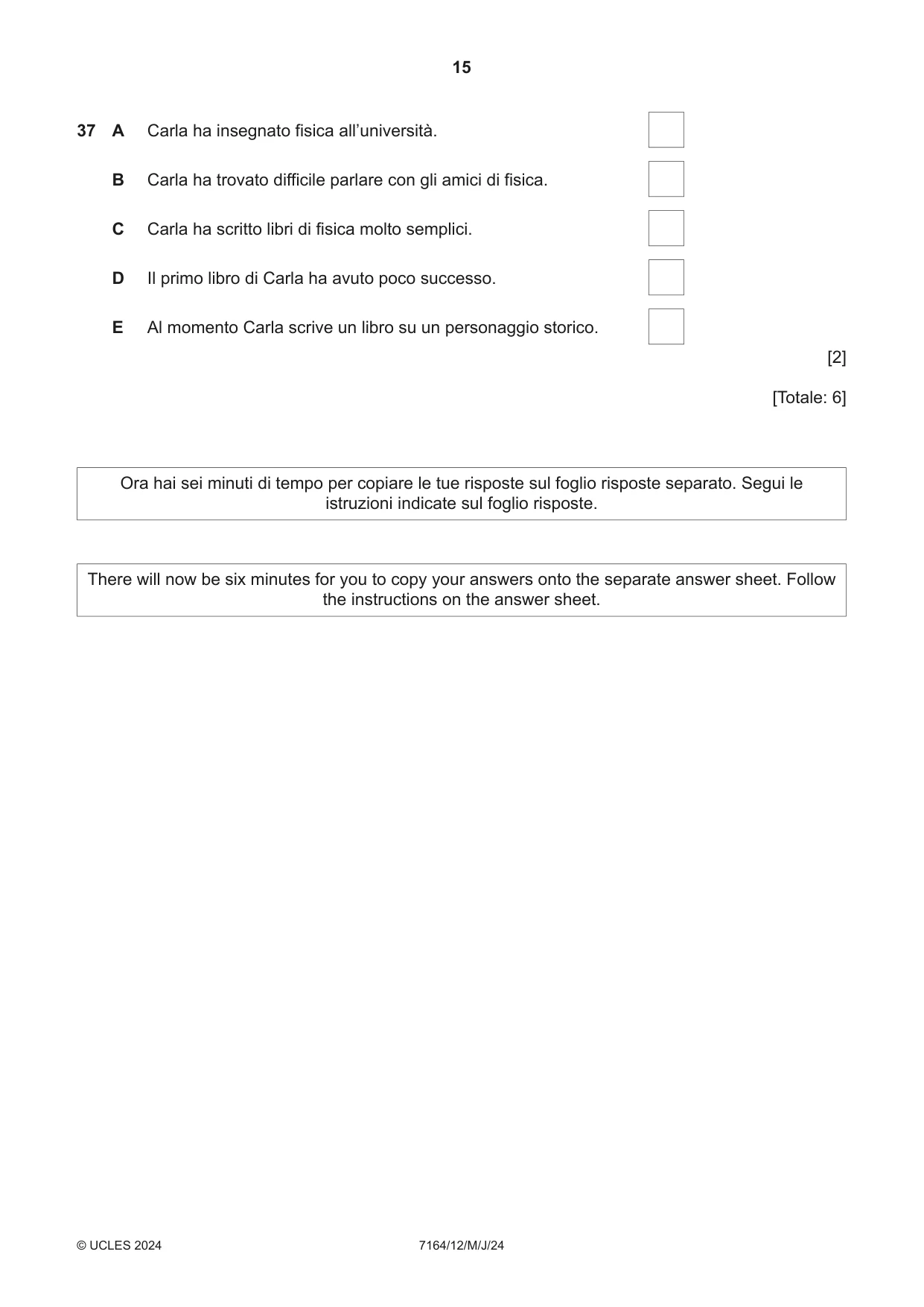 Cambridge IGCSE Italian (9-1) 7164 2024 May/June Paper 1 · Variant 2 question paper, page 15 of 16