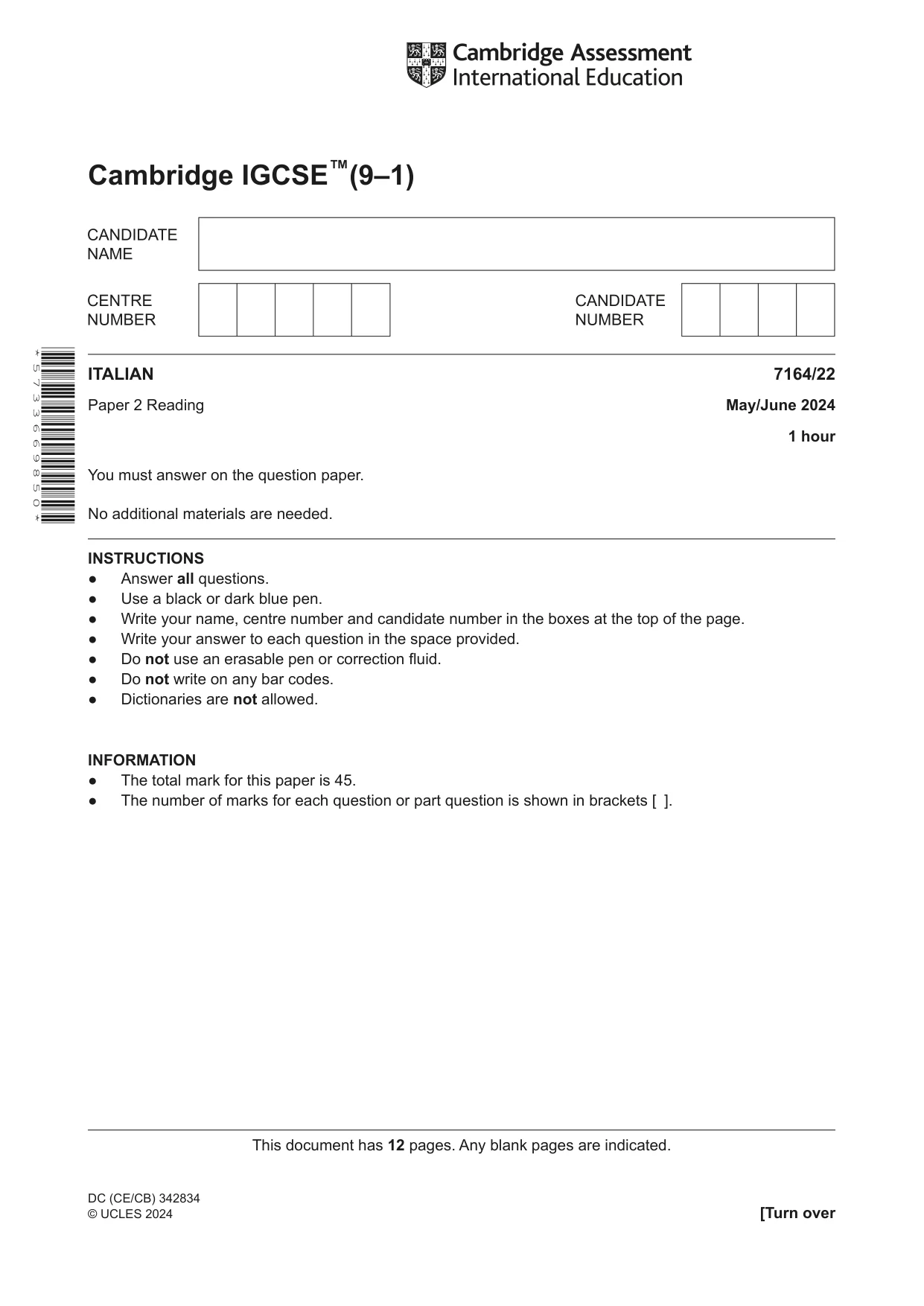 Cambridge IGCSE Italian (9-1) 7164 2024 May/June Paper 2 · Variant 2 question paper, page 1 of 12