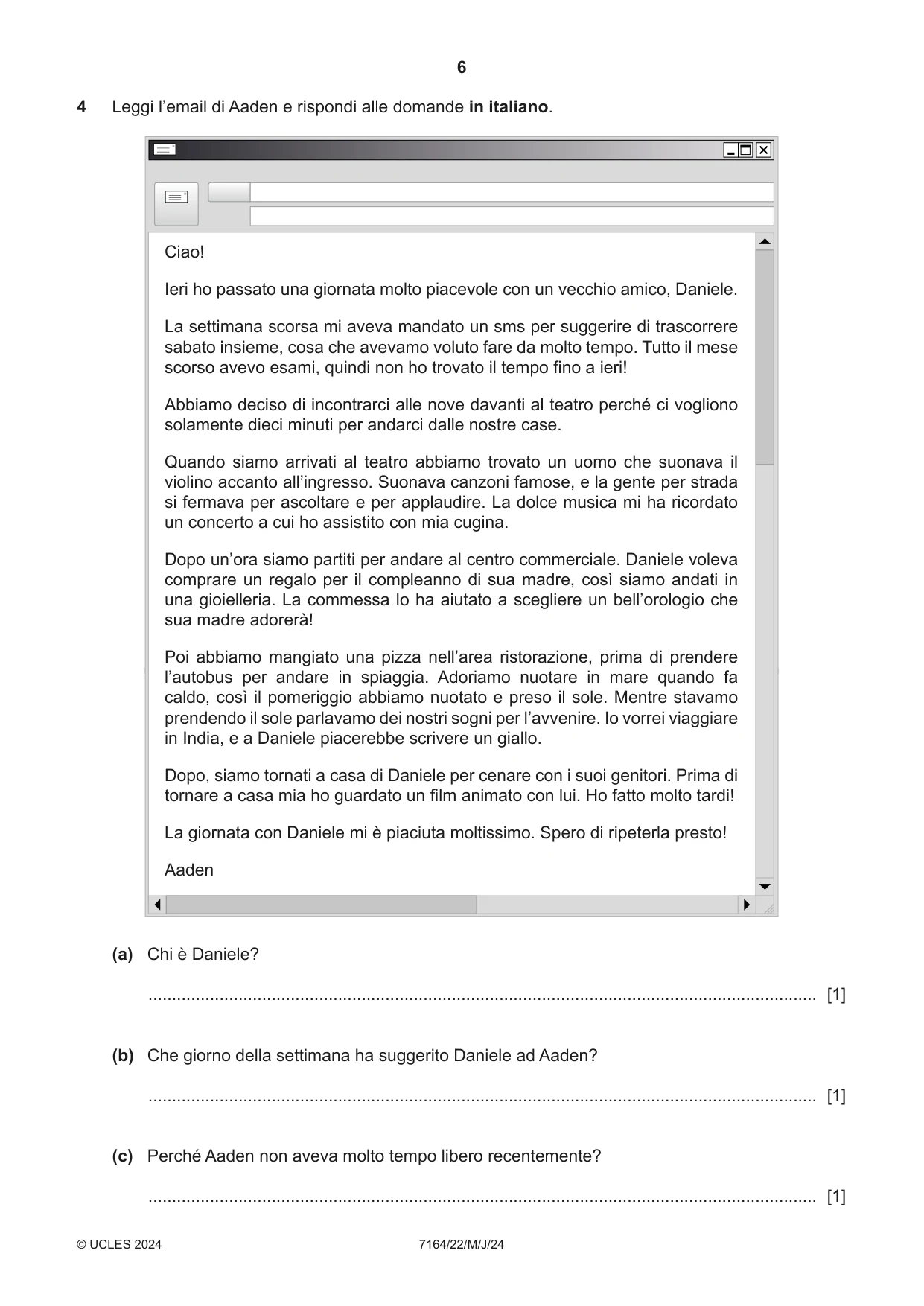 Cambridge IGCSE Italian (9-1) 7164 2024 May/June Paper 2 · Variant 2 question paper, page 6 of 12