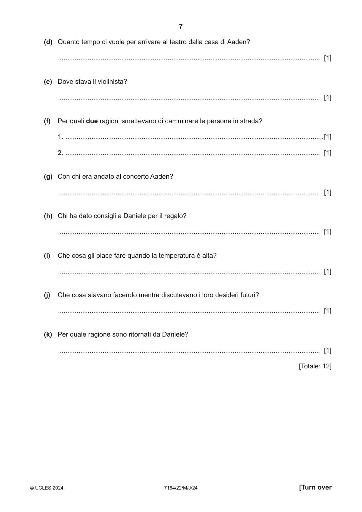 Cambridge IGCSE Italian (9-1) 7164 2024 May/June Paper 2 · Variant 2 question paper, page 7 of 12