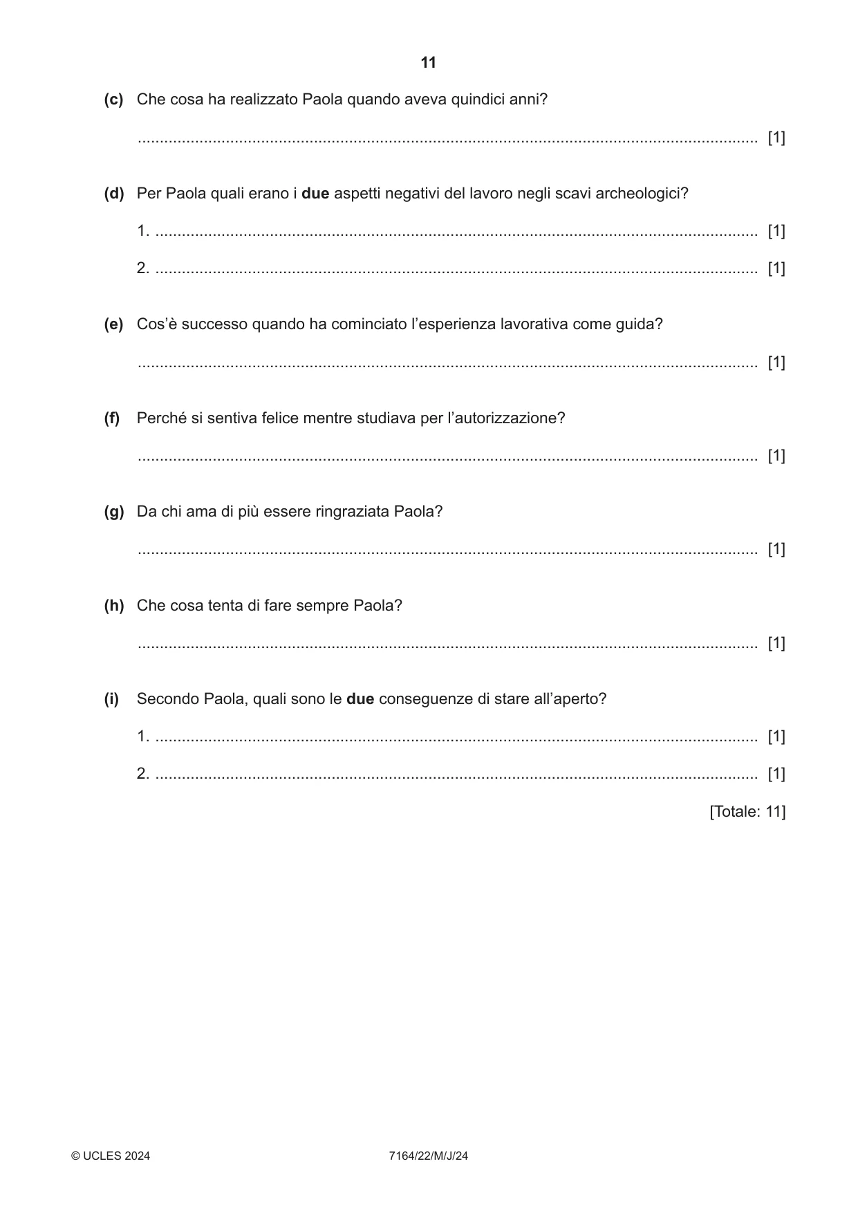 Cambridge IGCSE Italian (9-1) 7164 2024 May/June Paper 2 · Variant 2 question paper, page 11 of 12