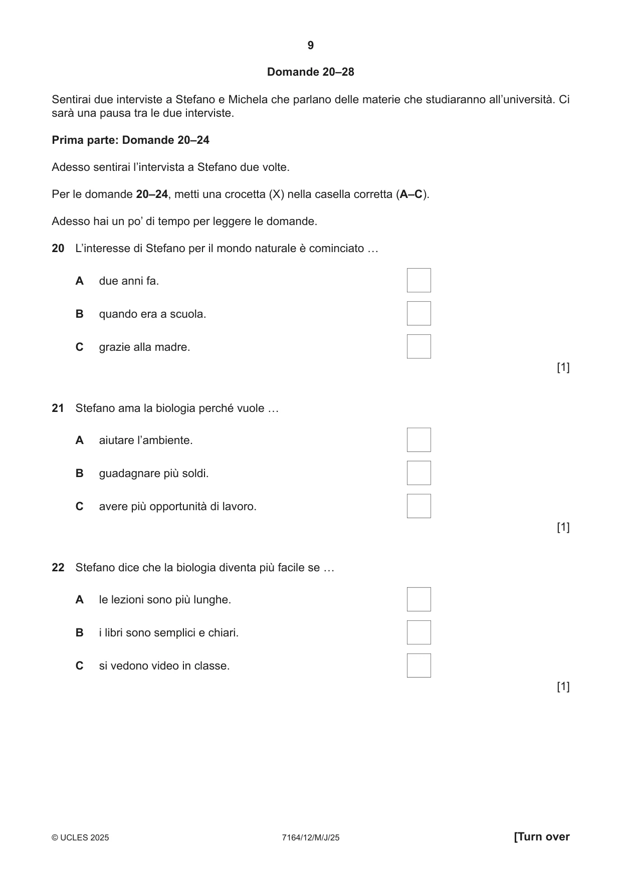 Cambridge IGCSE Italian (9-1) 7164 2025 May/June Paper 1 · Variant 2 question paper, page 9 of 16