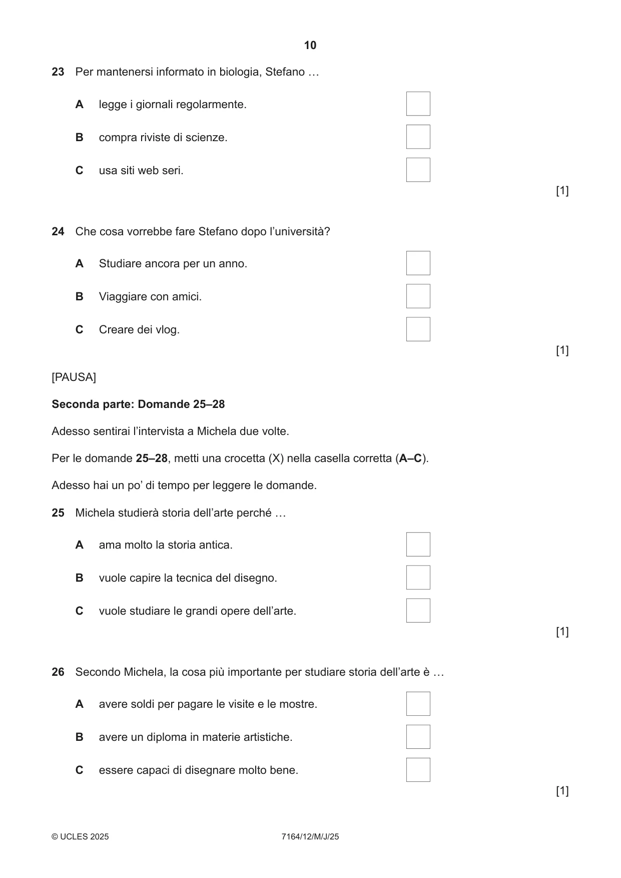 Cambridge IGCSE Italian (9-1) 7164 2025 May/June Paper 1 · Variant 2 question paper, page 10 of 16