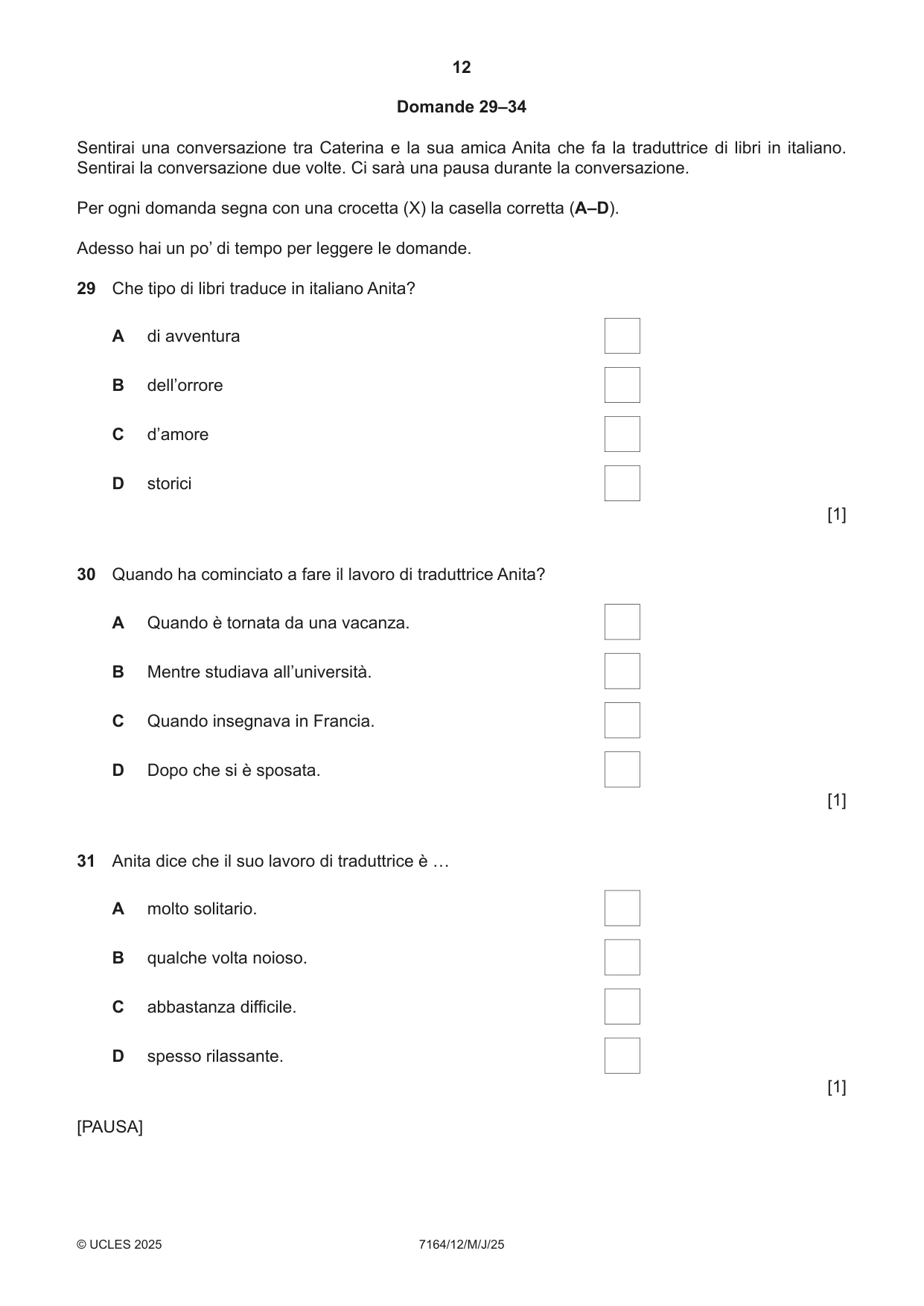 Cambridge IGCSE Italian (9-1) 7164 2025 May/June Paper 1 · Variant 2 question paper, page 12 of 16