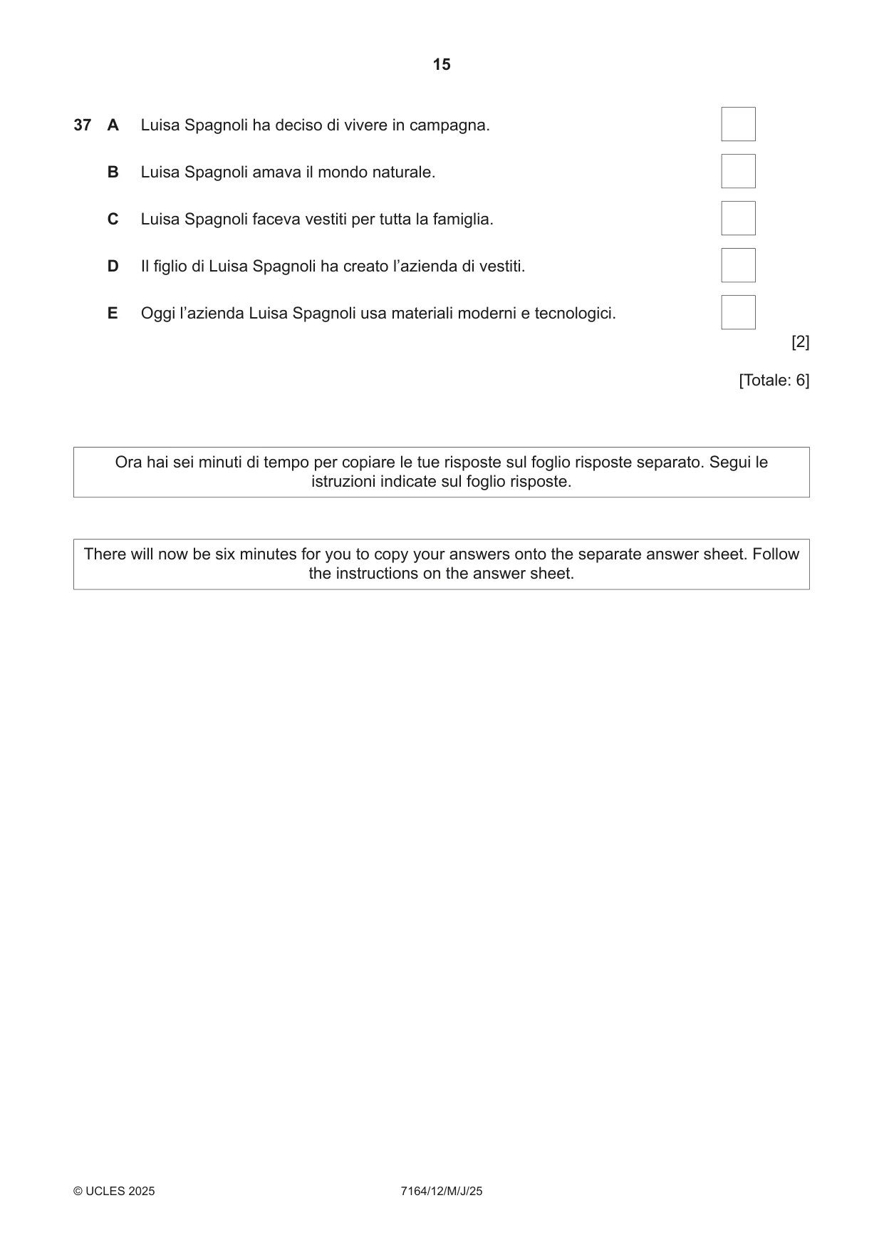Cambridge IGCSE Italian (9-1) 7164 2025 May/June Paper 1 · Variant 2 question paper, page 15 of 16
