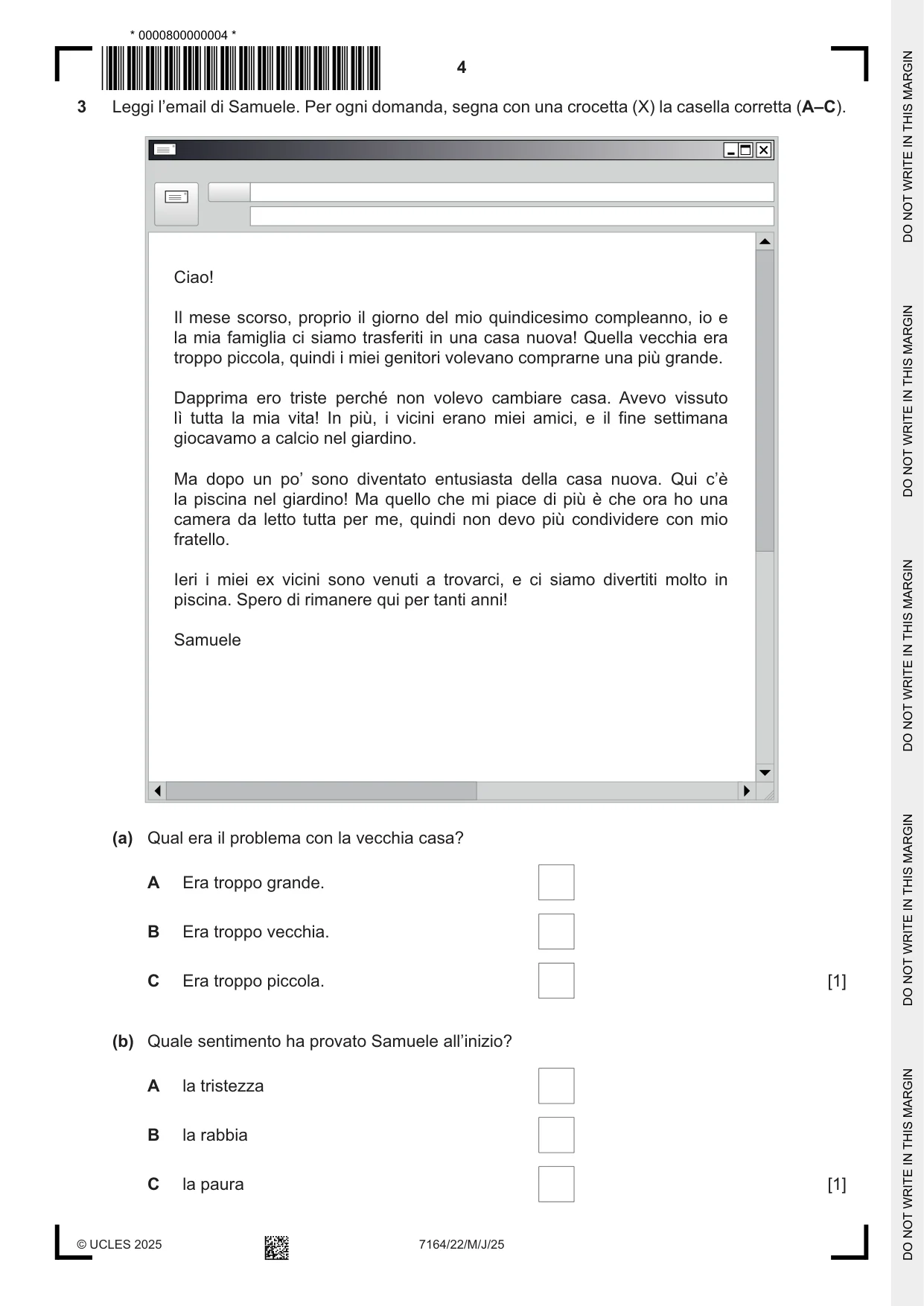 Cambridge IGCSE Italian (9-1) 7164 2025 May/June Paper 2 · Variant 2 question paper, page 4 of 12