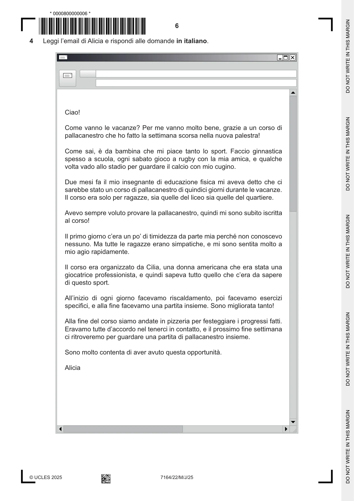 Cambridge IGCSE Italian (9-1) 7164 2025 May/June Paper 2 · Variant 2 question paper, page 6 of 12