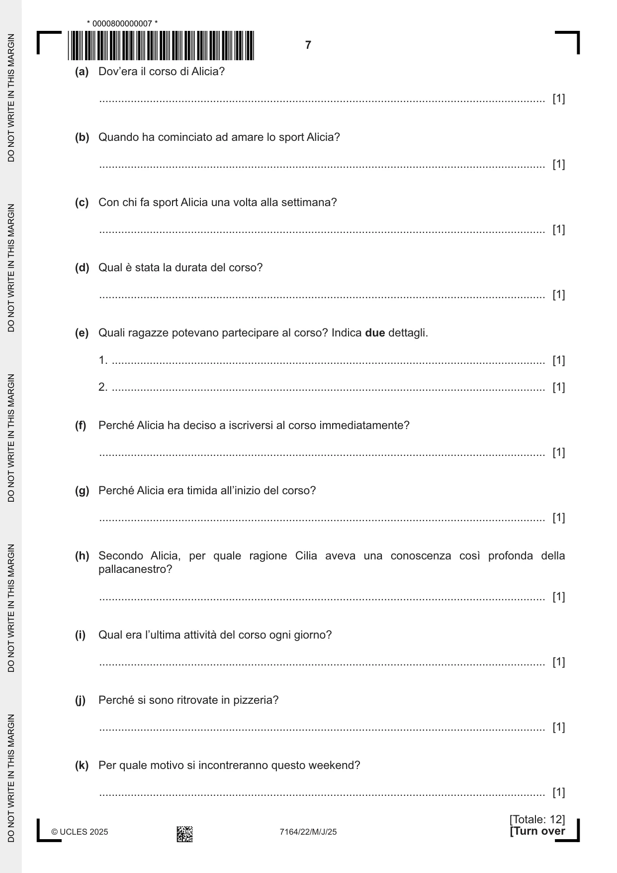 Cambridge IGCSE Italian (9-1) 7164 2025 May/June Paper 2 · Variant 2 question paper, page 7 of 12