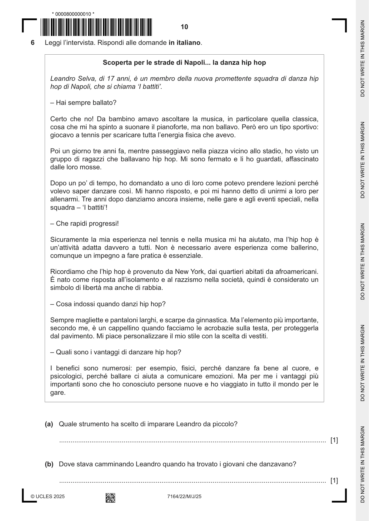 Cambridge IGCSE Italian (9-1) 7164 2025 May/June Paper 2 · Variant 2 question paper, page 10 of 12