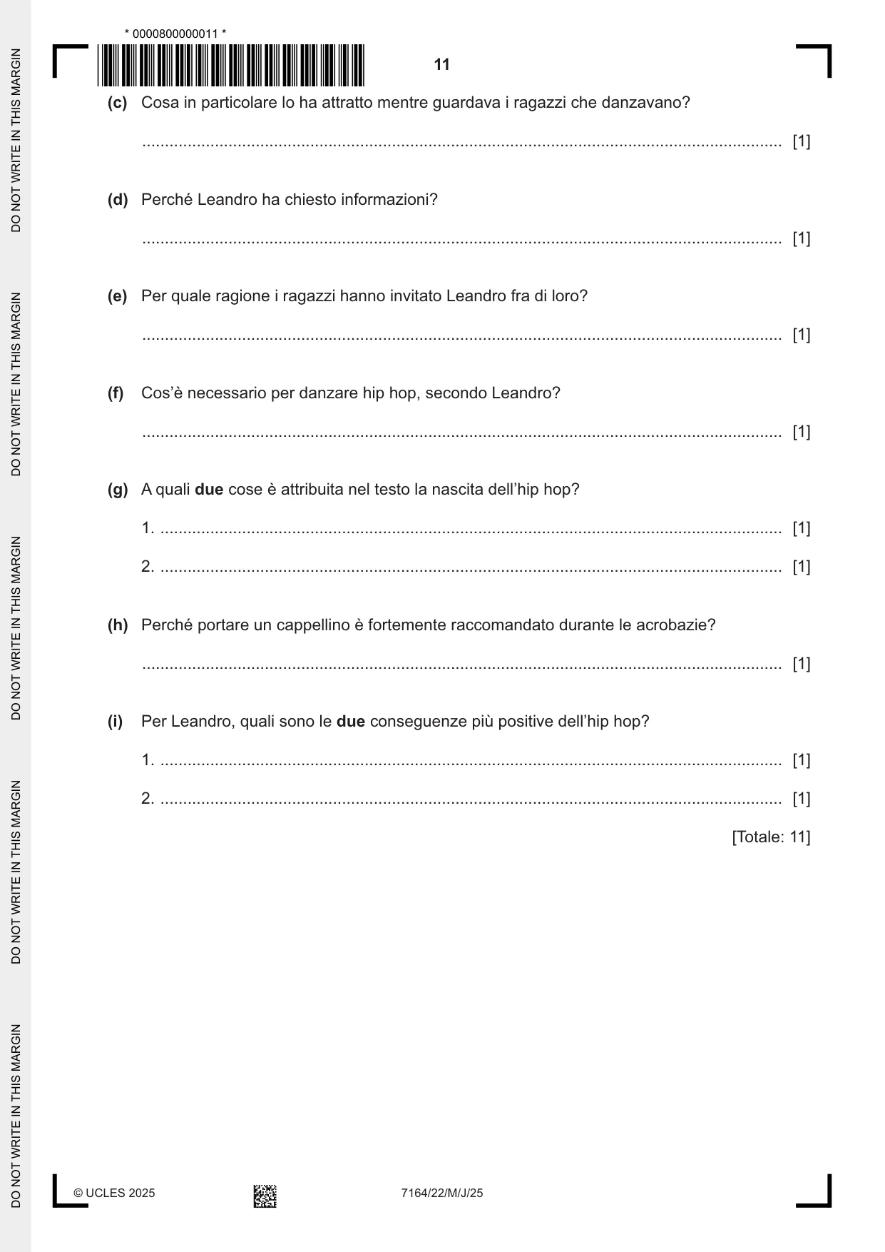 Cambridge IGCSE Italian (9-1) 7164 2025 May/June Paper 2 · Variant 2 question paper, page 11 of 12
