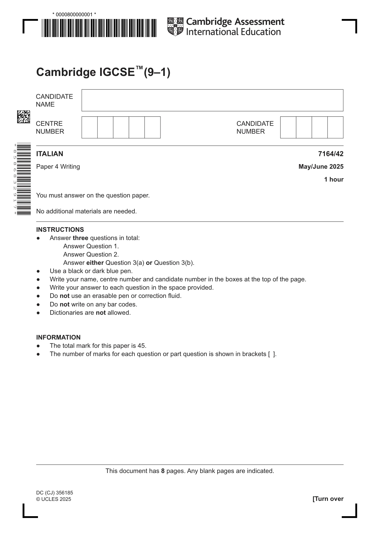 Cambridge IGCSE Italian (9-1) 7164 2025 May/June Paper 4 · Variant 2 question paper, page 1 of 8